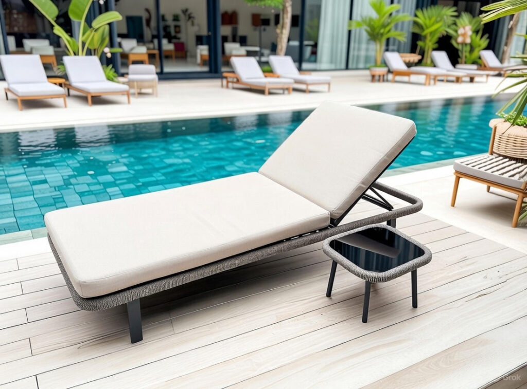 Santorini Serenity extra-wide heavy duty sun lounger for plus size guests, woven rope design, plush cushions, adjustable backrest