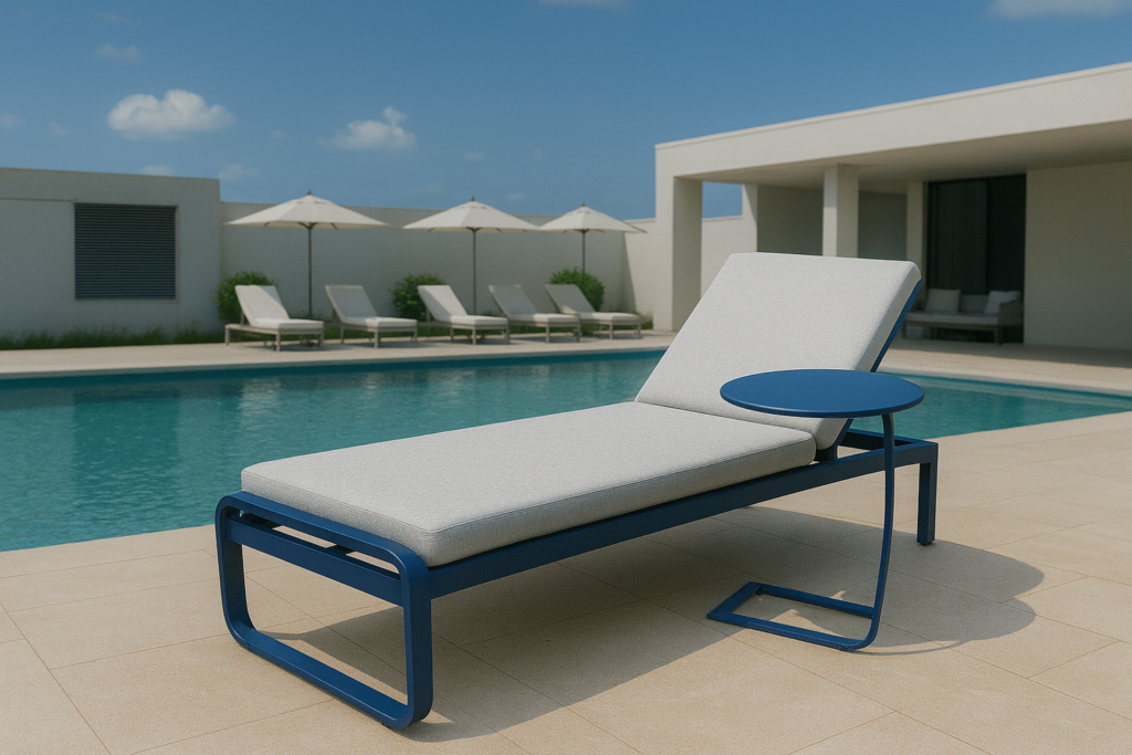 Monaco commercial sun lounger with blue aluminium frame, weather-resistant cushions, and adjustable backrest for resort pool areas
