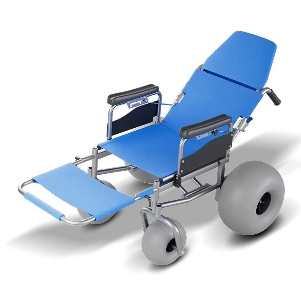 Azure Glide reclining beach wheelchair shown in fully reclined position for beach sunbathing